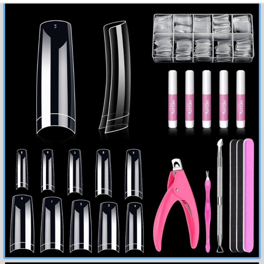 Acrylic Nail tips 500 pcs Extension Kit with Pink Tools glue salon French nail